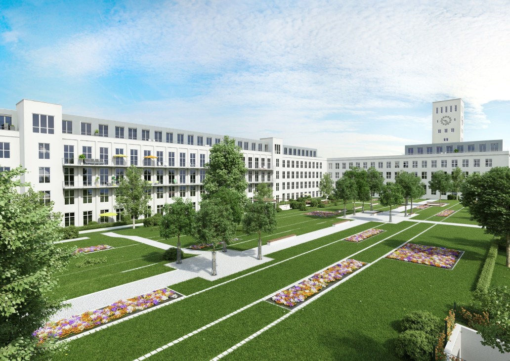 Monroe Park housing complex in Berlin-Lichterfelde with white modernist buildings surrounding manicured courtyards and gardens.