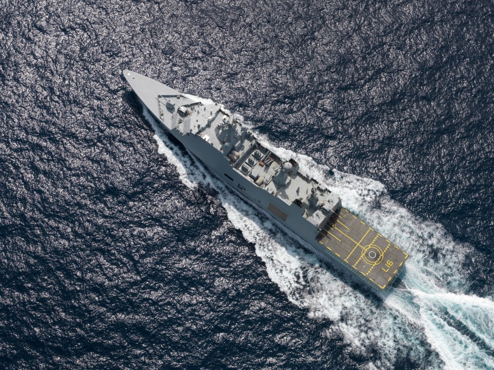 Aerial view of HDMS Absalon Danish Navy warship heading north off the Somali coast in international waters.