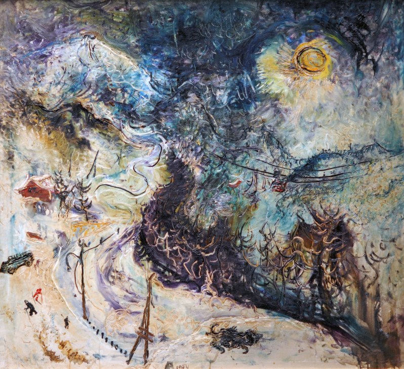 Abstract painting of a snowy ski scene with figures and trees in blue, white, and yellow tones by Indonesian artist Affandi.