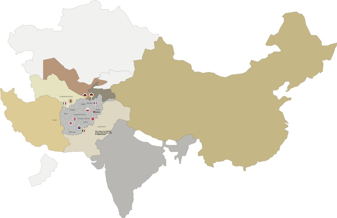 Map of Asia showing Afghanistan highlighted with military positions and NATO bases marked.