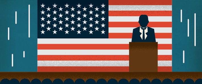 Illustration of a silhouetted figure at a podium in front of an American flag.