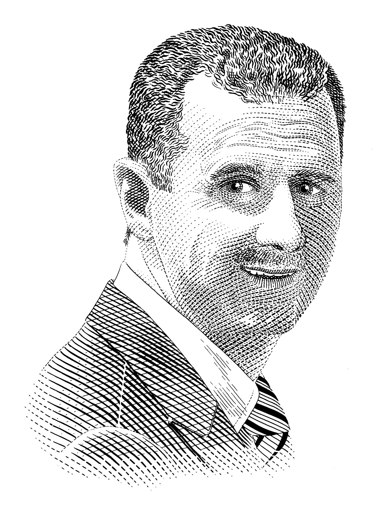 Line drawing portrait of Bashar al-Assad wearing a suit and striped tie.