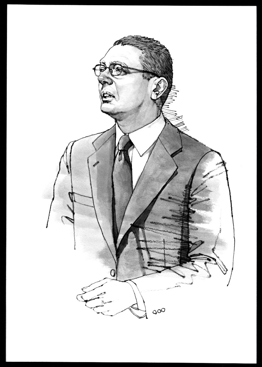Black and white illustration of Alberto Ruiz-Gallardón, Madrid's mayor, wearing glasses and a suit.