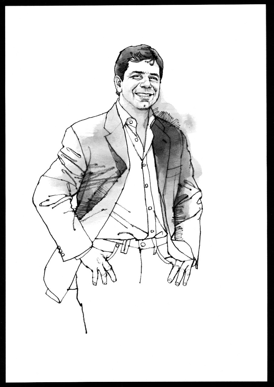 Sketch portrait of Alejandro Char, mayor of Barranquilla, in business attire with hands on hips.
