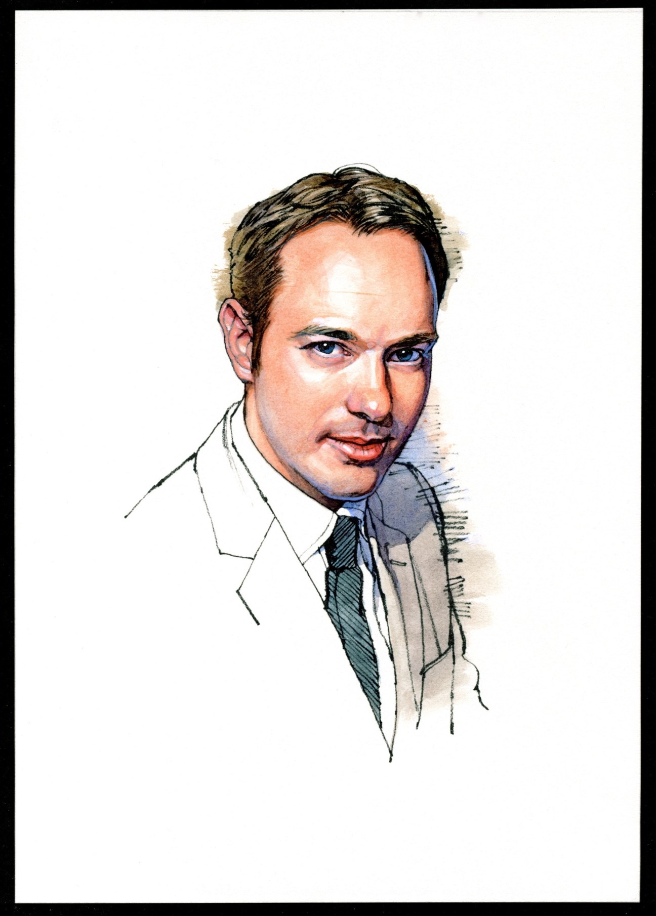 Portrait illustration of Alex Preston, a novelist from London, wearing a light-colored shirt and striped tie.