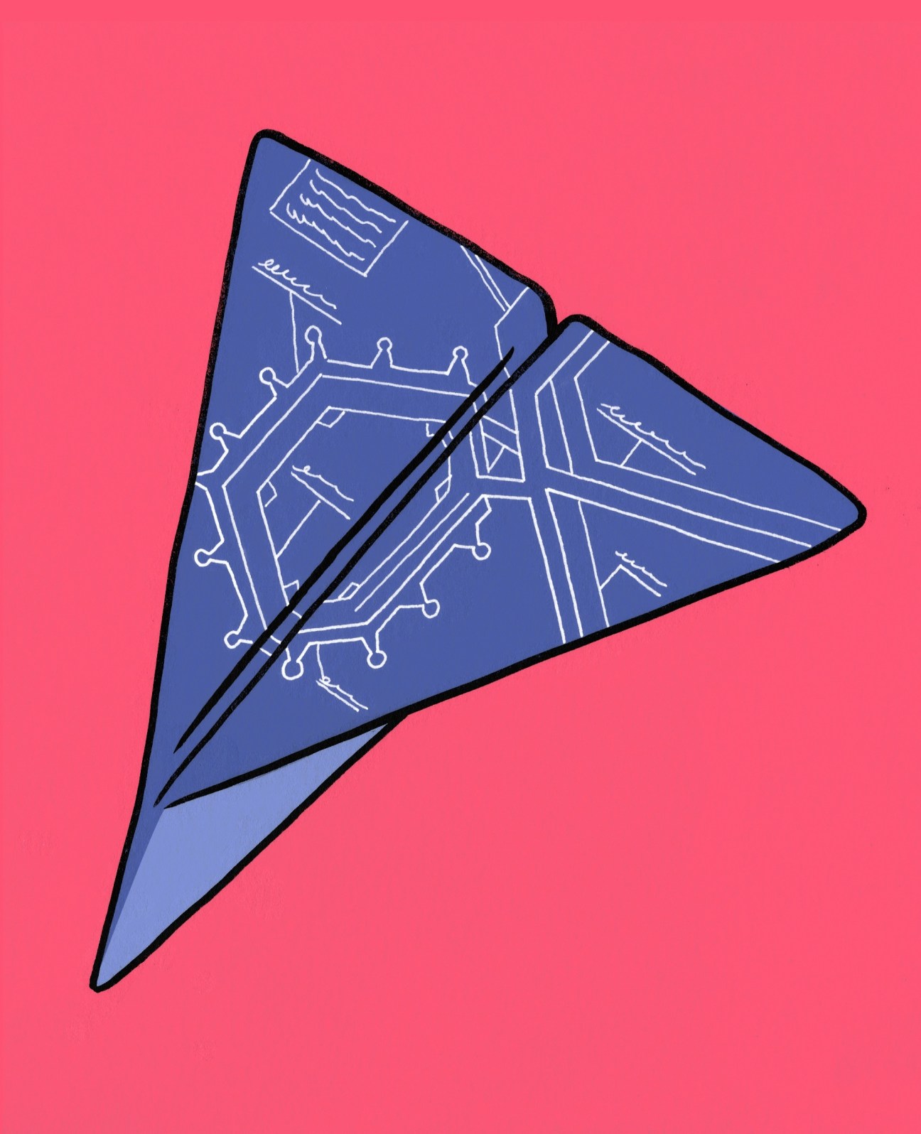 Illustration of a blue paper airplane with circuit board patterns against a pink background.