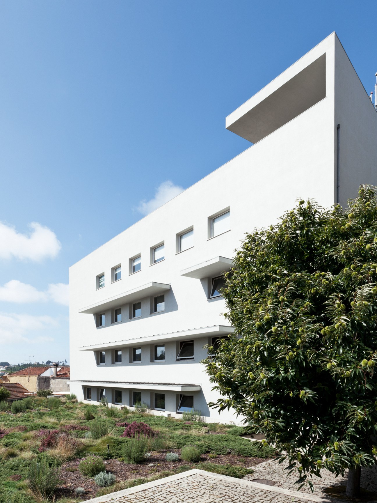 White modernist office building with horizontal window bands and cantilevered forms, surrounded by planted gardens.
