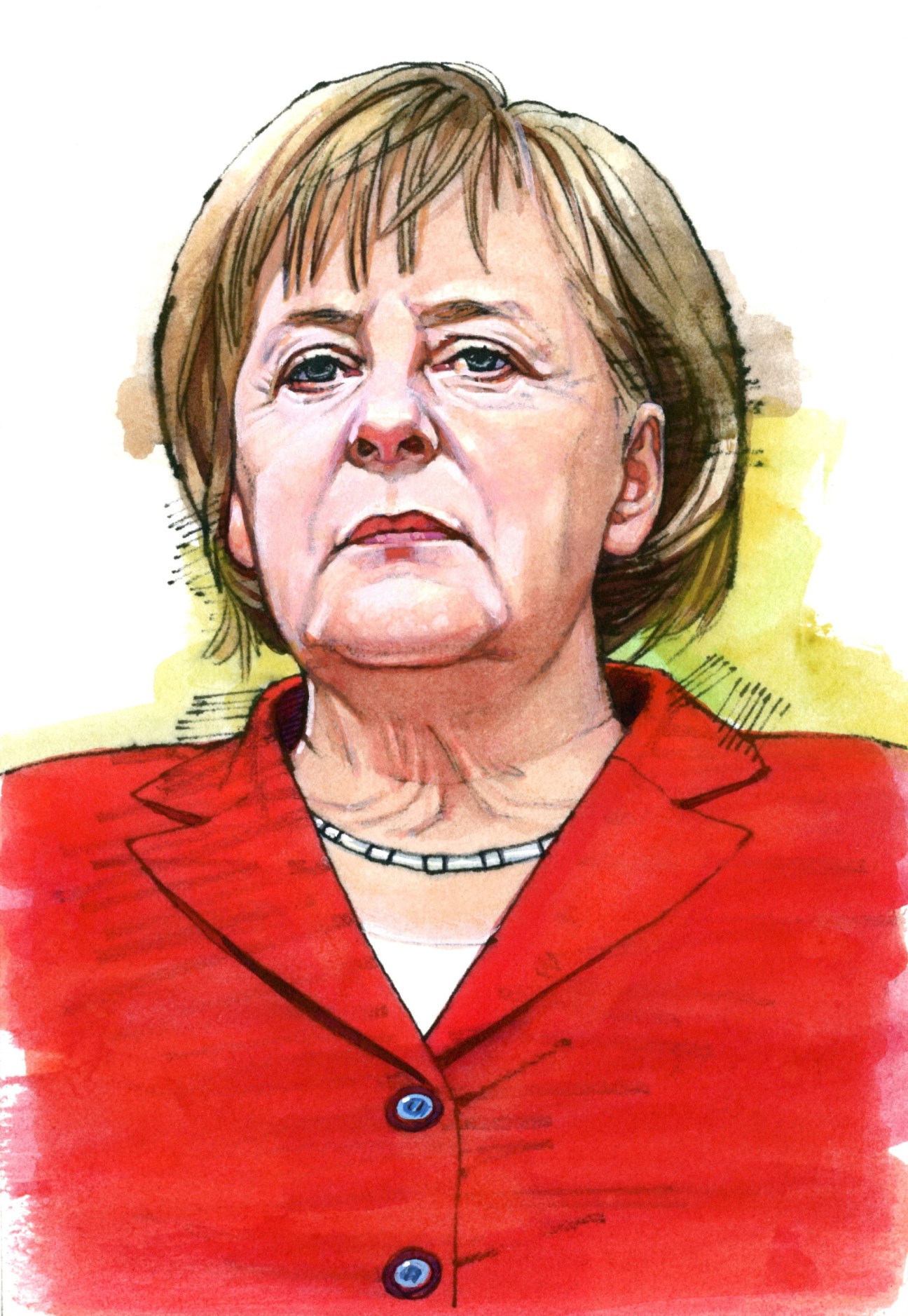 Illustration of Angela Merkel wearing a red blazer