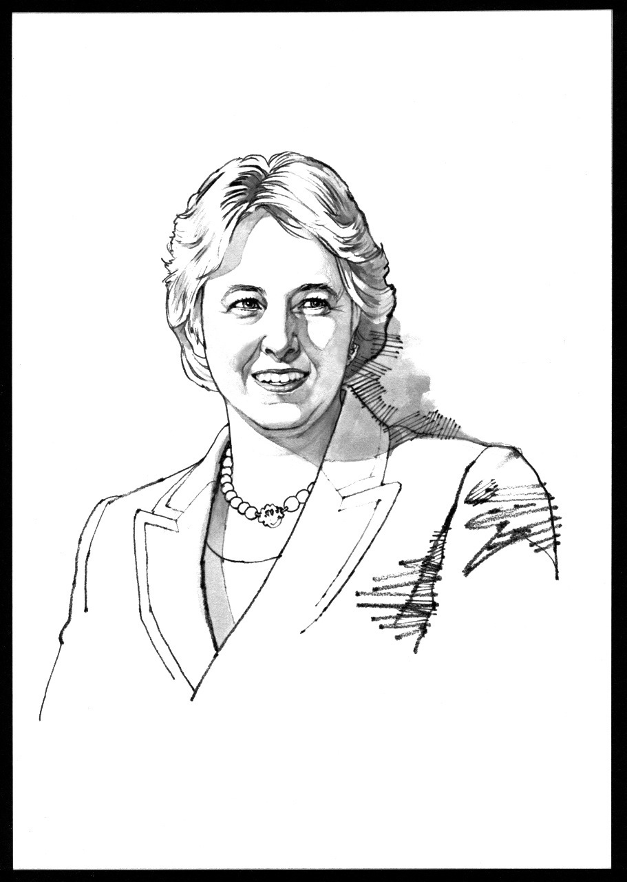 Sketch portrait of Annise Parker, Houston's first openly gay mayor, wearing a blazer and pearl necklace.