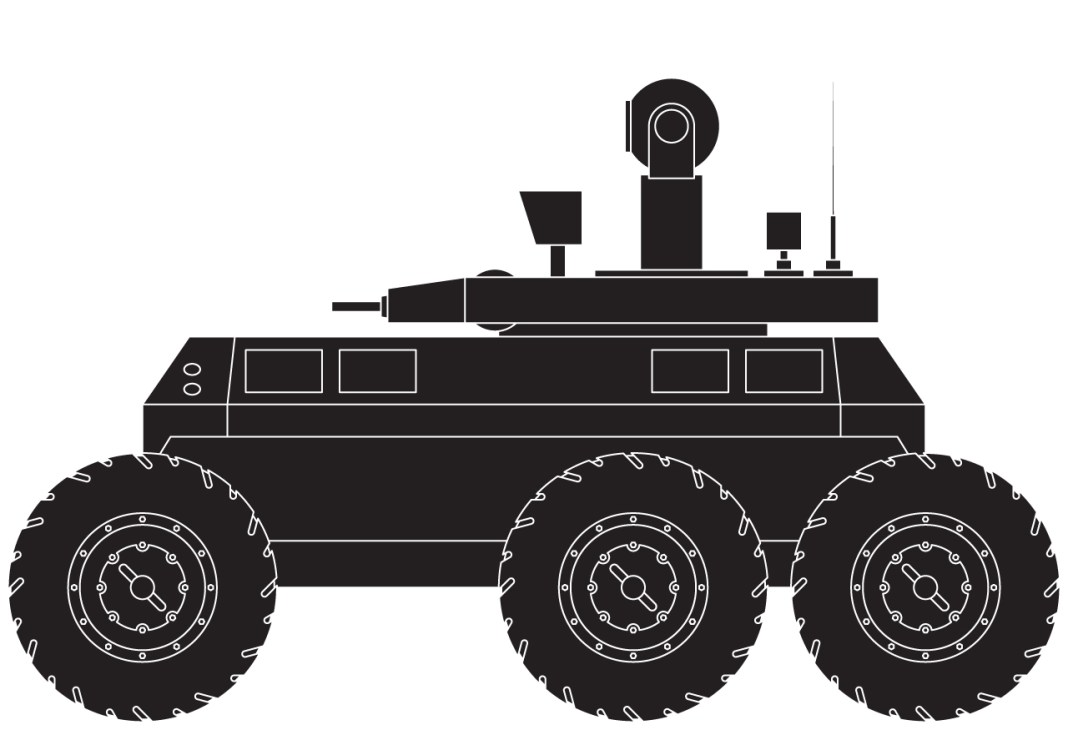 Illustration of Lockheed Martin Mule unmanned ground vehicle with 6x6 wheels and sensor turrets.