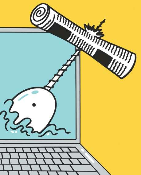 Illustration of a narwhal in water with a satellite pointing down at it from above.