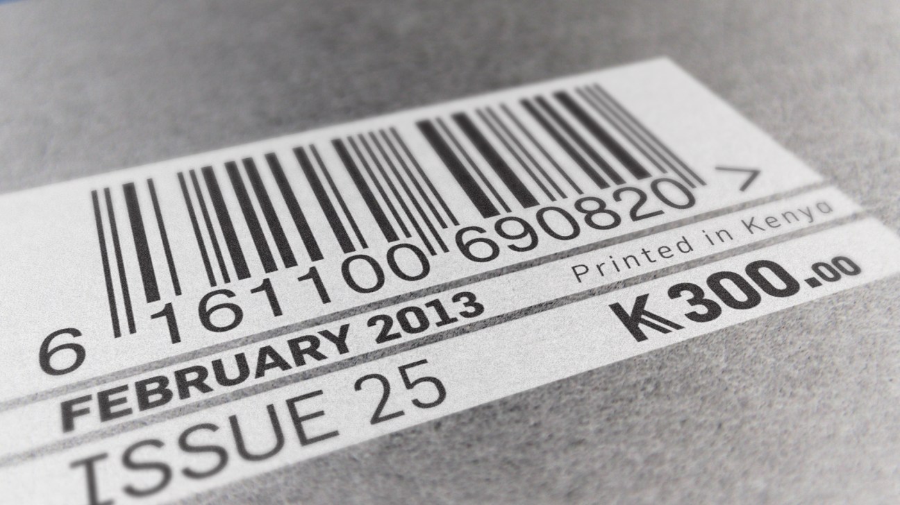 A barcode printed on white paper with text reading 'FEBRUARY 2013', 'Printed in Kenya', and 'K300.00', displaying Ark's currency symbol design for the Kenyan shilling.