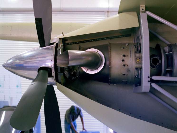 Close-up detail of the AHRLAC reconnaissance aircraft engine and propeller assembly.