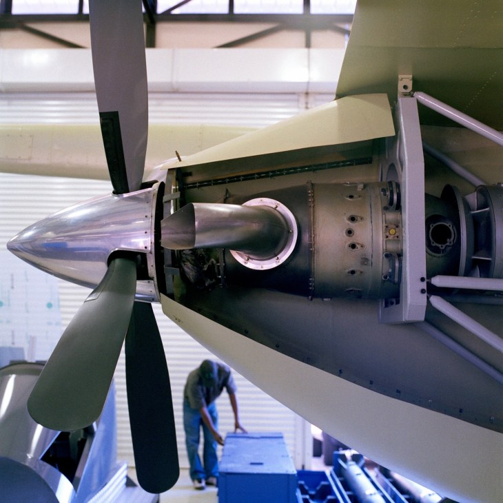 Close-up detail of the AHRLAC reconnaissance aircraft engine and propeller assembly.