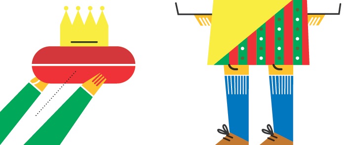 Illustration of a crowned figure in red and green representing Bhutan's transition to democracy.