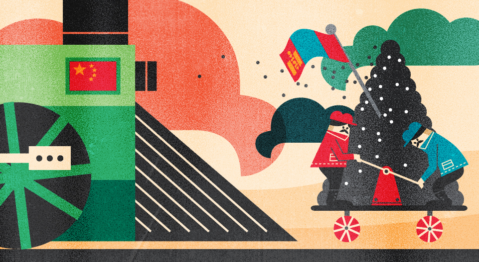 Illustration of China's flag and industrial elements alongside Mongolia's flag and mining cart.