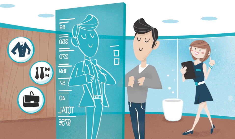 Illustration of two people shopping at a virtual mirror display showing clothing options and product information.