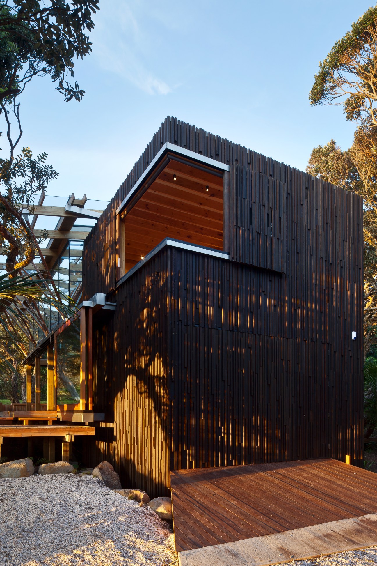 Black-stained wooden tower with glass elements framed by native trees at Butler Beach House by Herbst Architects.