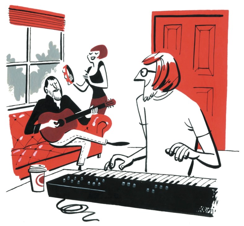 Illustration of two musicians in a red room: one playing guitar on a sofa, another singing, with a keyboard in the foreground.