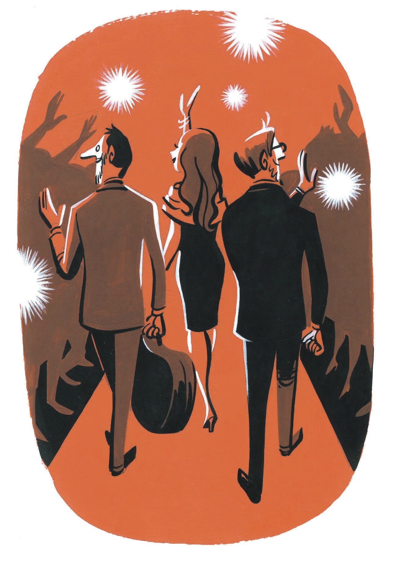 Illustration of three stylized figures in formal attire standing together against an orange background with white starburst elements.