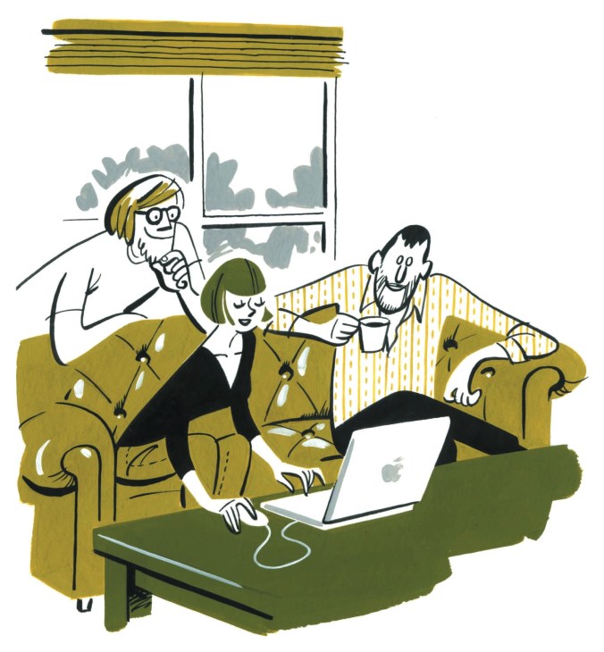 Illustration of three people on a yellow couch with a laptop, representing building an online presence.