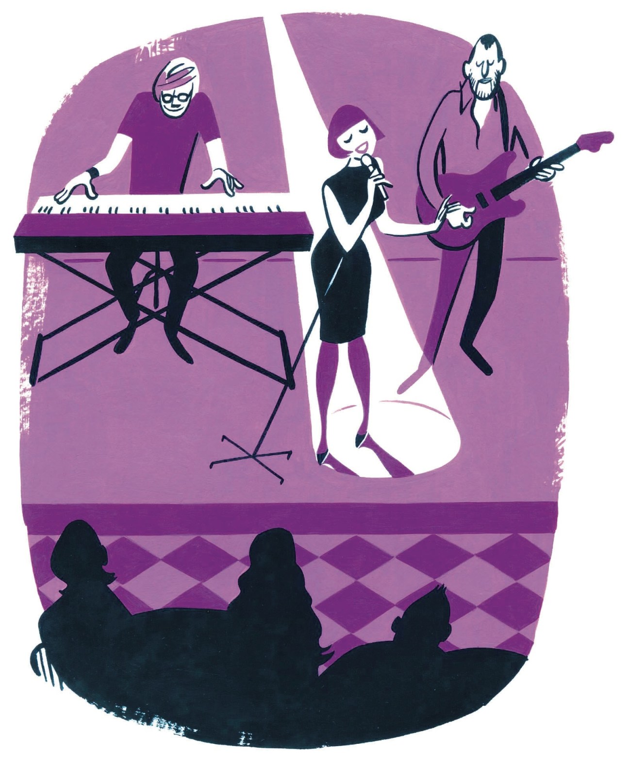 Illustration of a band performing on stage with keyboard player, singer, guitarist, and audience silhouettes.