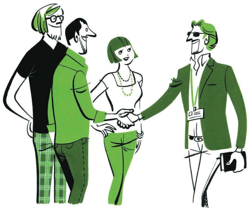 Illustration of four stylized figures in green and black clothing shaking hands, representing a band meeting with their manager.