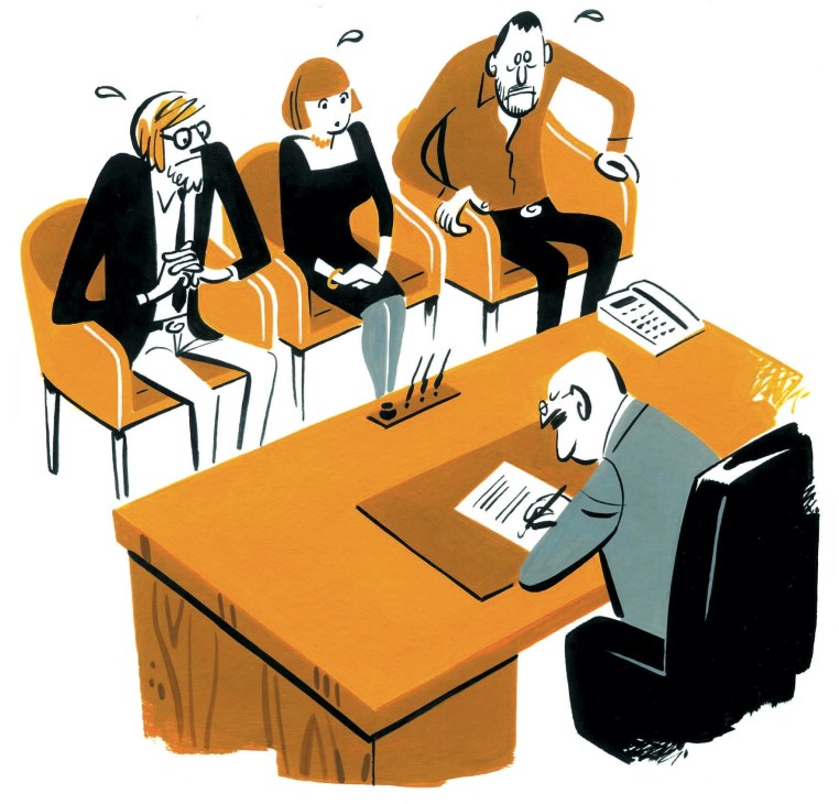 Illustration of band members meeting with a record label executive at an orange desk.