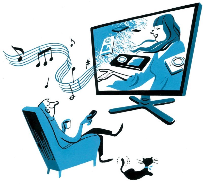 Illustration of a person at a computer with musical notes and a cat, representing music sponsorship and digital engagement.