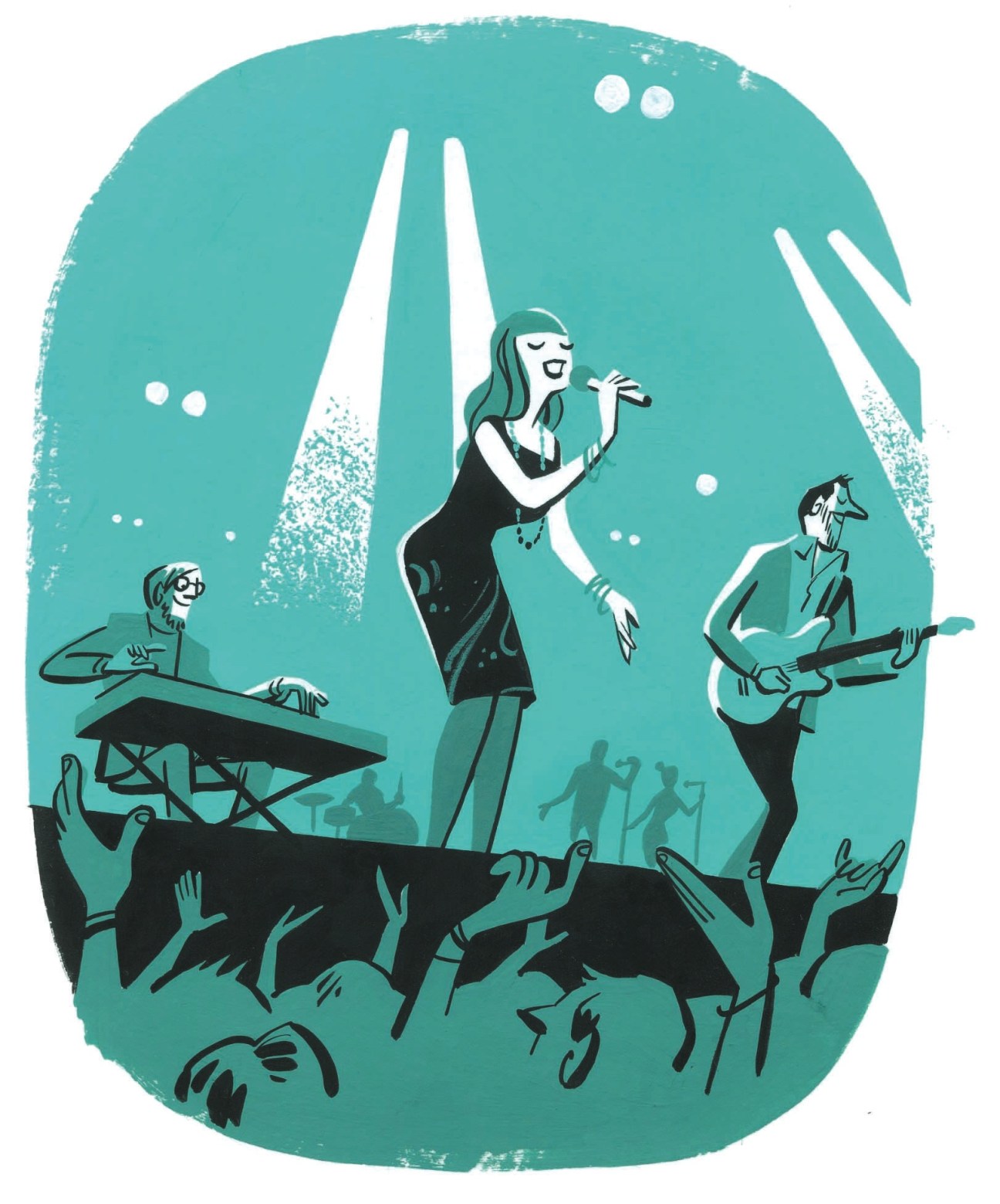 Illustration of a band performing on stage with a female vocalist singing at center, a keyboardist on left, and guitarist on right, with audience hands raised below under stage lights.