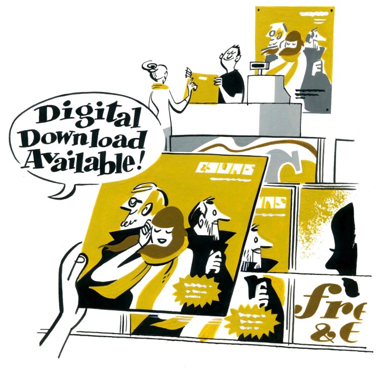 Illustration of a record store with yellow and black signage promoting digital downloads and vinyl records.