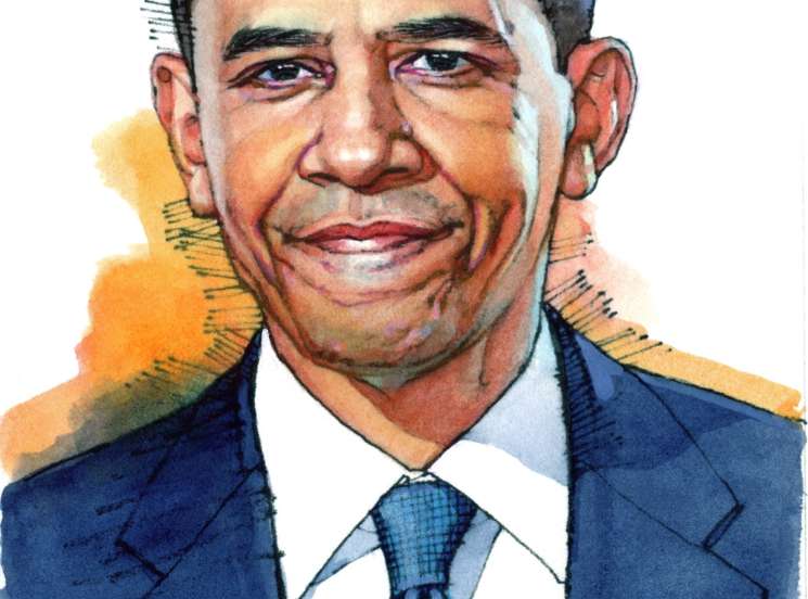 Illustration of Barack Obama in dark blue suit and checkered tie with American flag pin.