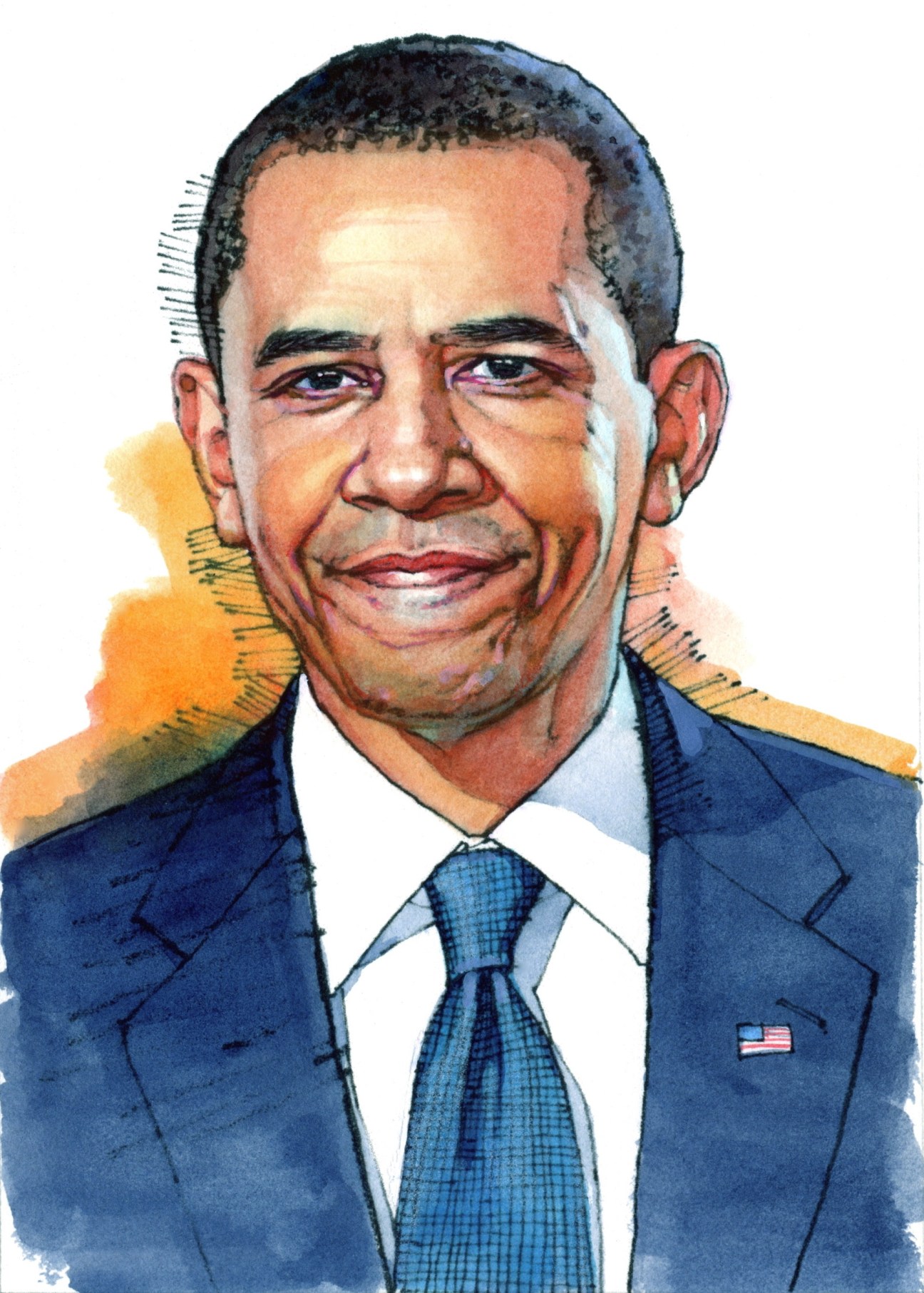 Illustration of Barack Obama in dark blue suit and checkered tie with American flag pin.