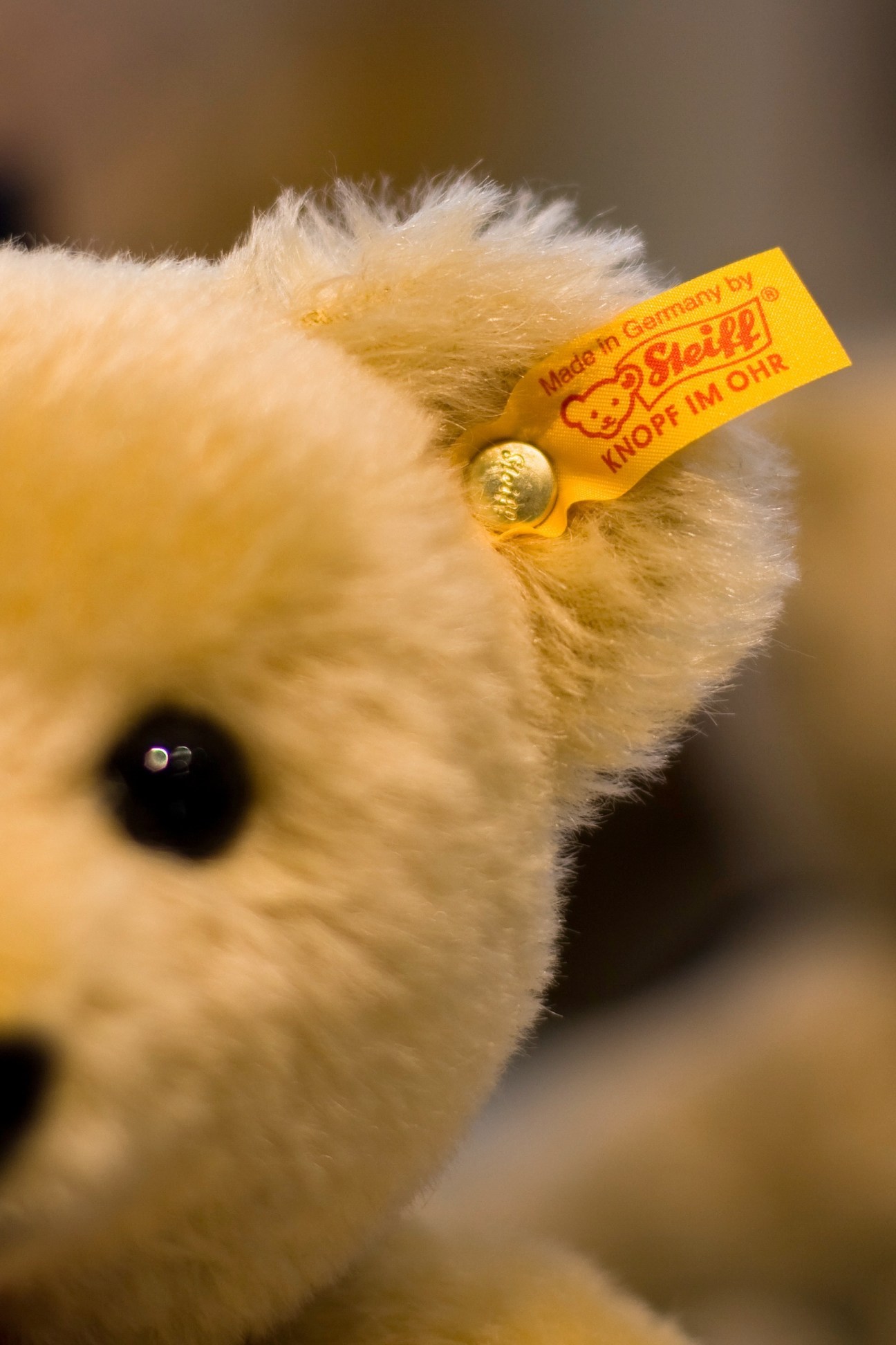 Close-up of a Steiff teddy bear's ear showing the iconic yellow 'button in the ear' trademark with red text.