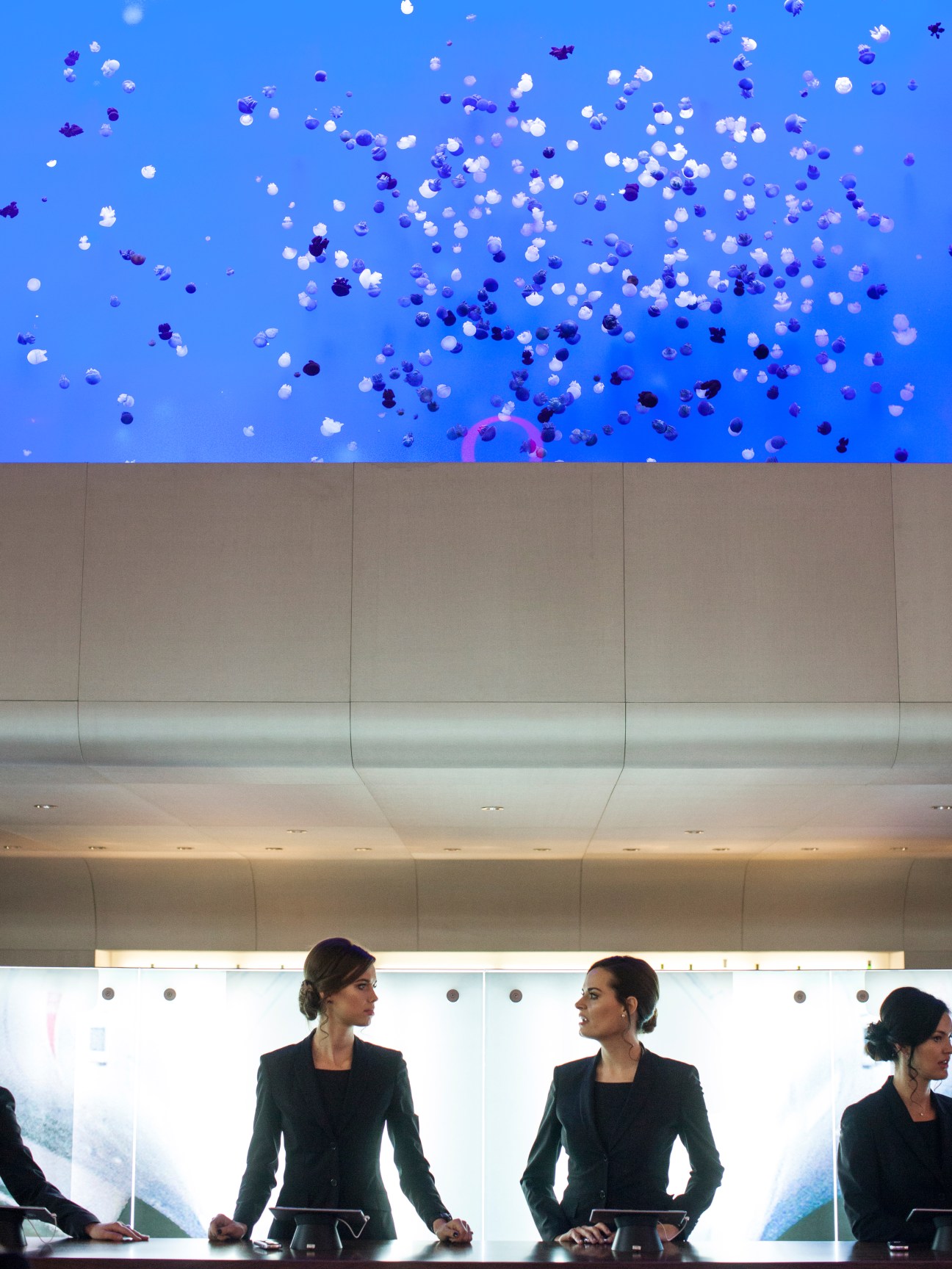 Staff members in dark blazers stand at an illuminated counter beneath a blue ceiling decorated with floating spheres.