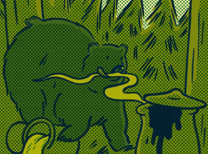Illustration of a bear and snake in a forest with yellow and dark blue lines on green background.