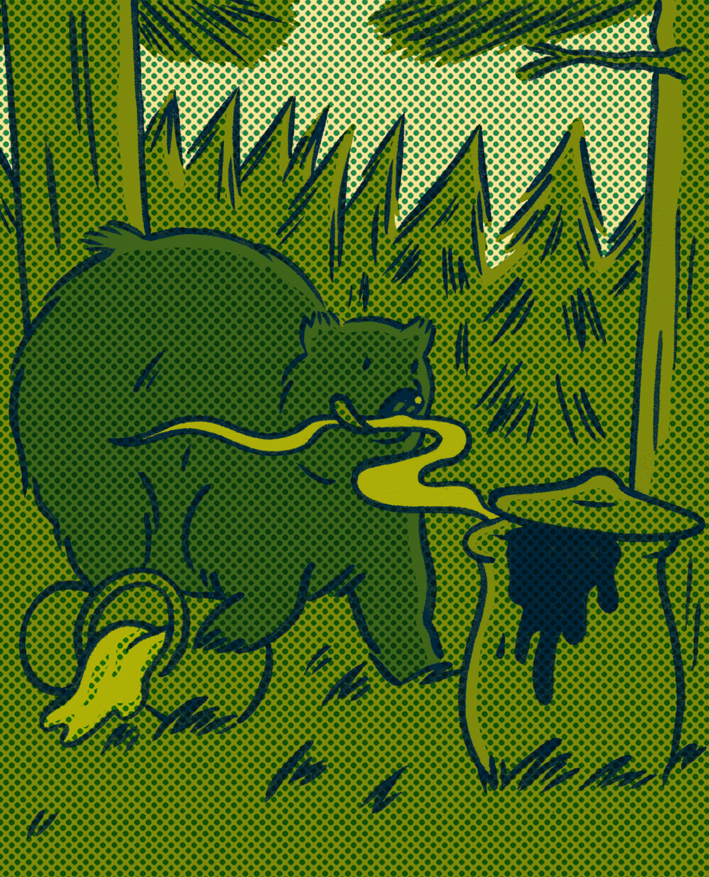Illustration of a bear and snake in a forest with yellow and dark blue lines on green background.