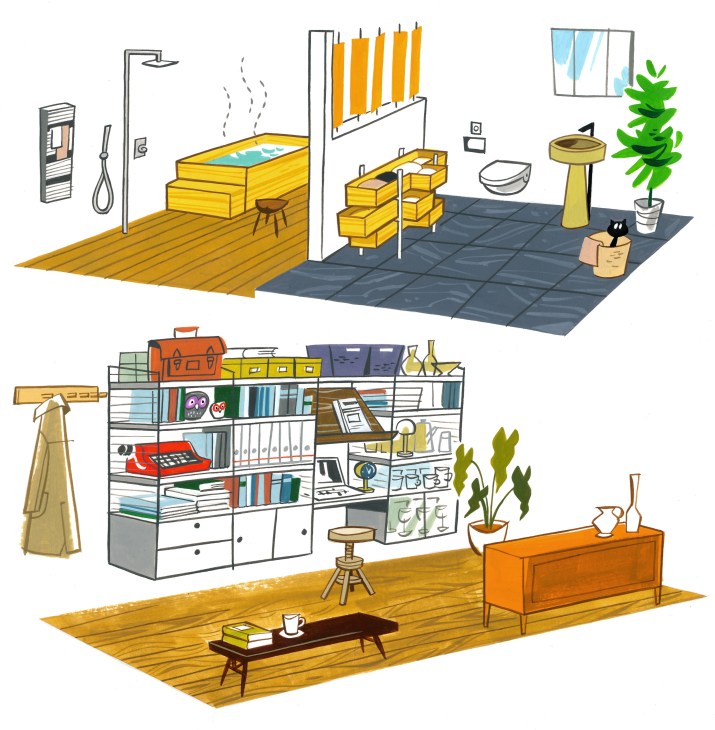 Illustration of a bathroom and home office space with wooden bath, storage shelving, and workspace.
