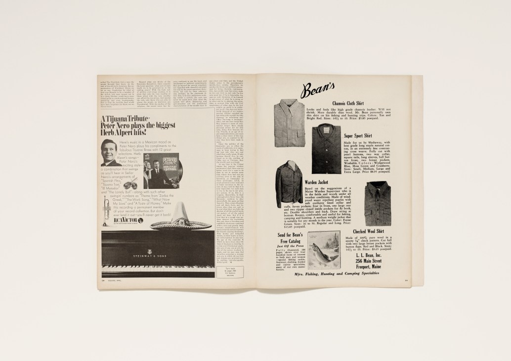 LL Bean vintage advertisement and product display featuring clothing items and catalog cover