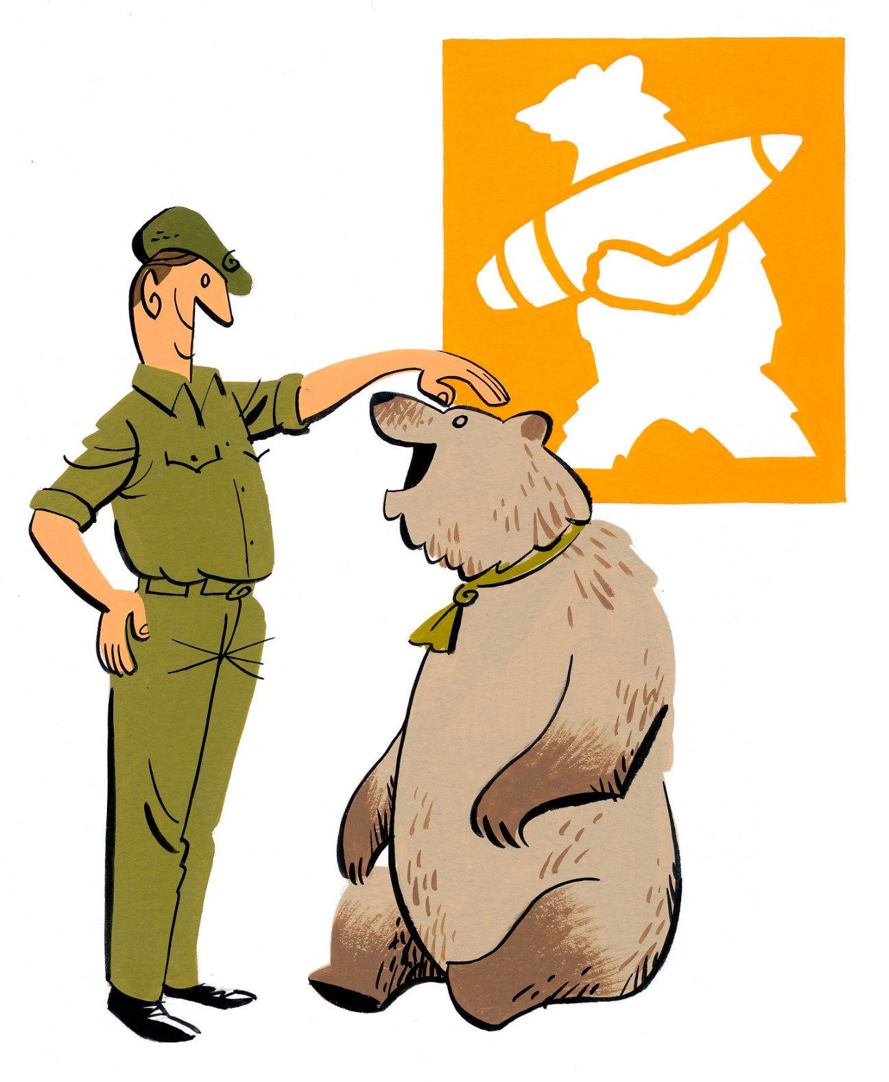 Illustration of a soldier in khaki uniform patting a brown bear wearing a military collar.