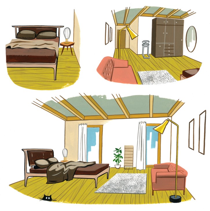 Illustrated bedroom layout showing a bed, storage unit, mirror, coral sofa, wooden flooring, and pendant lighting.