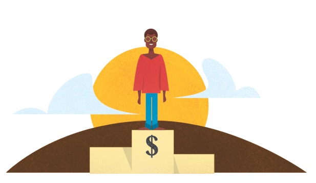Illustration of a person in red shirt and blue pants standing on a podium with a dollar sign, against a yellow sun and blue clouds.