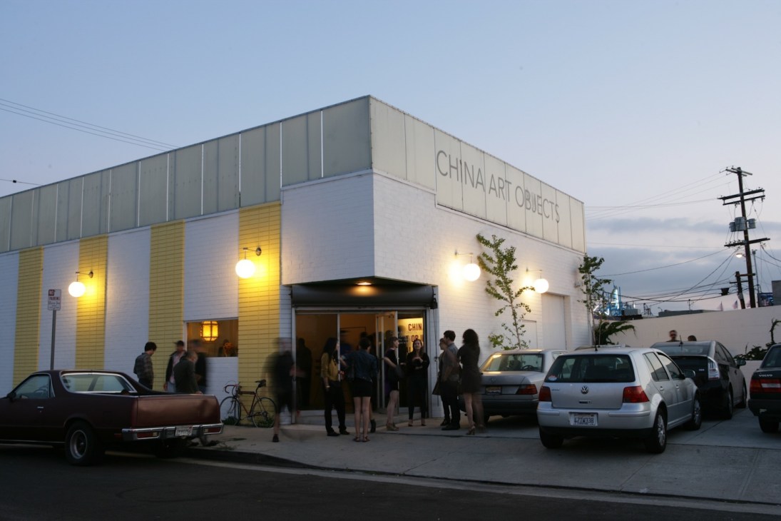 China Art Objects gallery exterior with visitors gathering at entrance during private view event