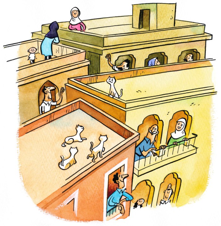 Illustration of a dense urban apartment building with residents and cats using shared outdoor spaces across multiple levels.