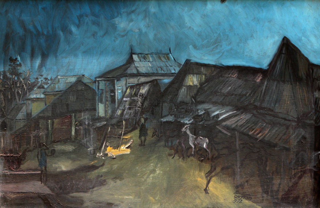 Oil painting depicting a nighttime village scene with dark buildings and a turquoise sky by Ben Enwonwu.