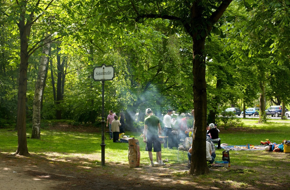 People gathering for a barbecue in Berlin's Tiergarten park under tall trees.
