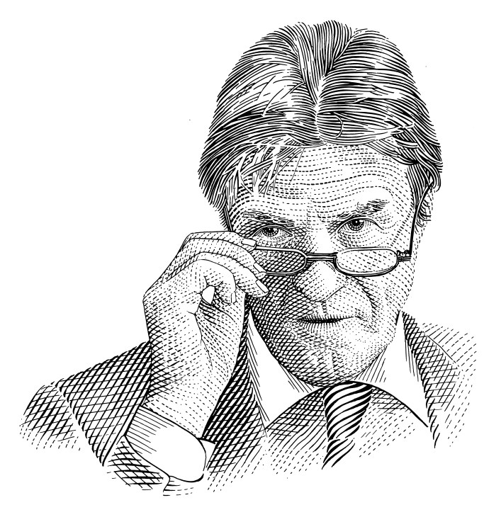 Black and white illustration of Bernard Kouchner, France's foreign minister, wearing glasses and a striped tie.