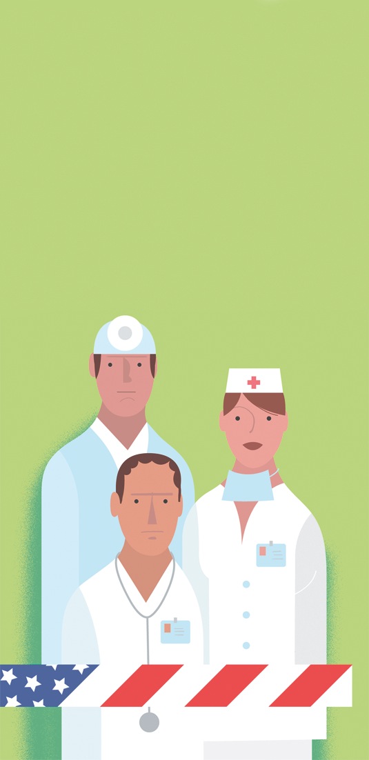 Illustration of three medical professionals standing in front of a striped awning with US flag detail.