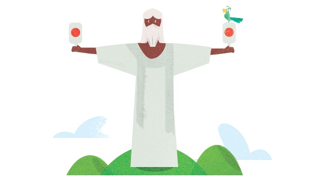 Illustration of a bearded figure in white robes with arms raised, holding red orbs, standing on green hills.