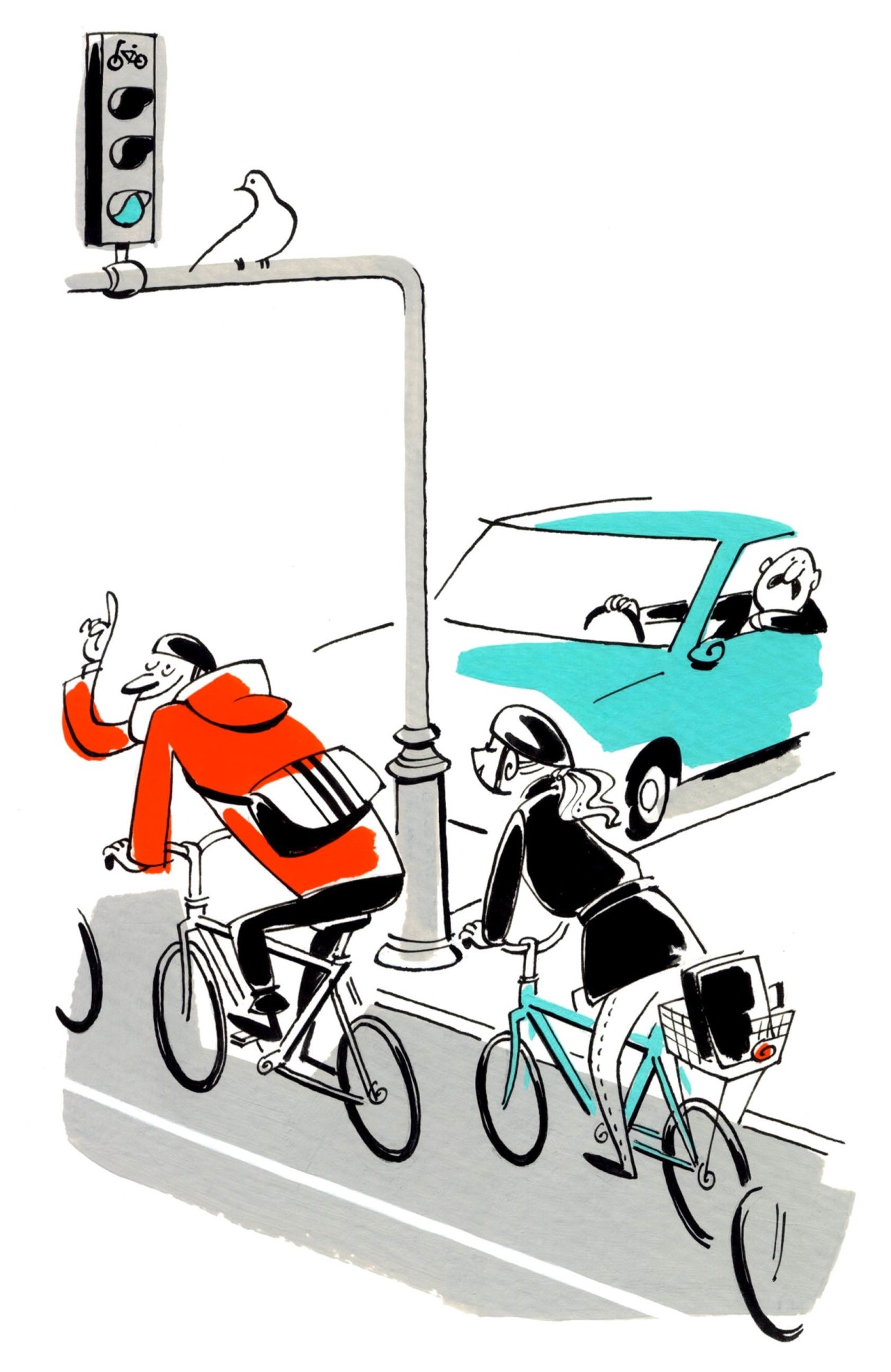 Illustration of cyclists and a car at a traffic light with a bike symbol, depicting Copenhagen's green wave cycling initiative.